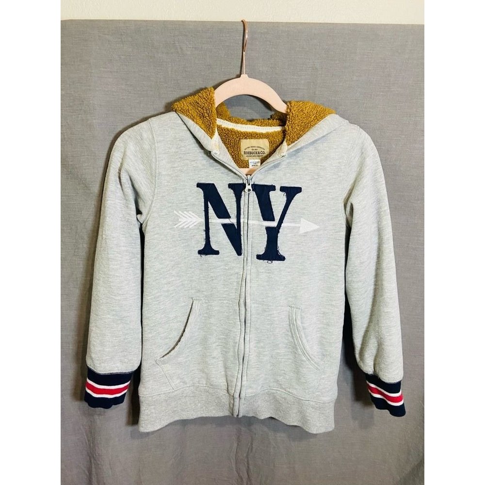 Roebuck & Co. Sweater‎ Boys Medium White NY Spell Out Long Sleeve Pocketed Kids